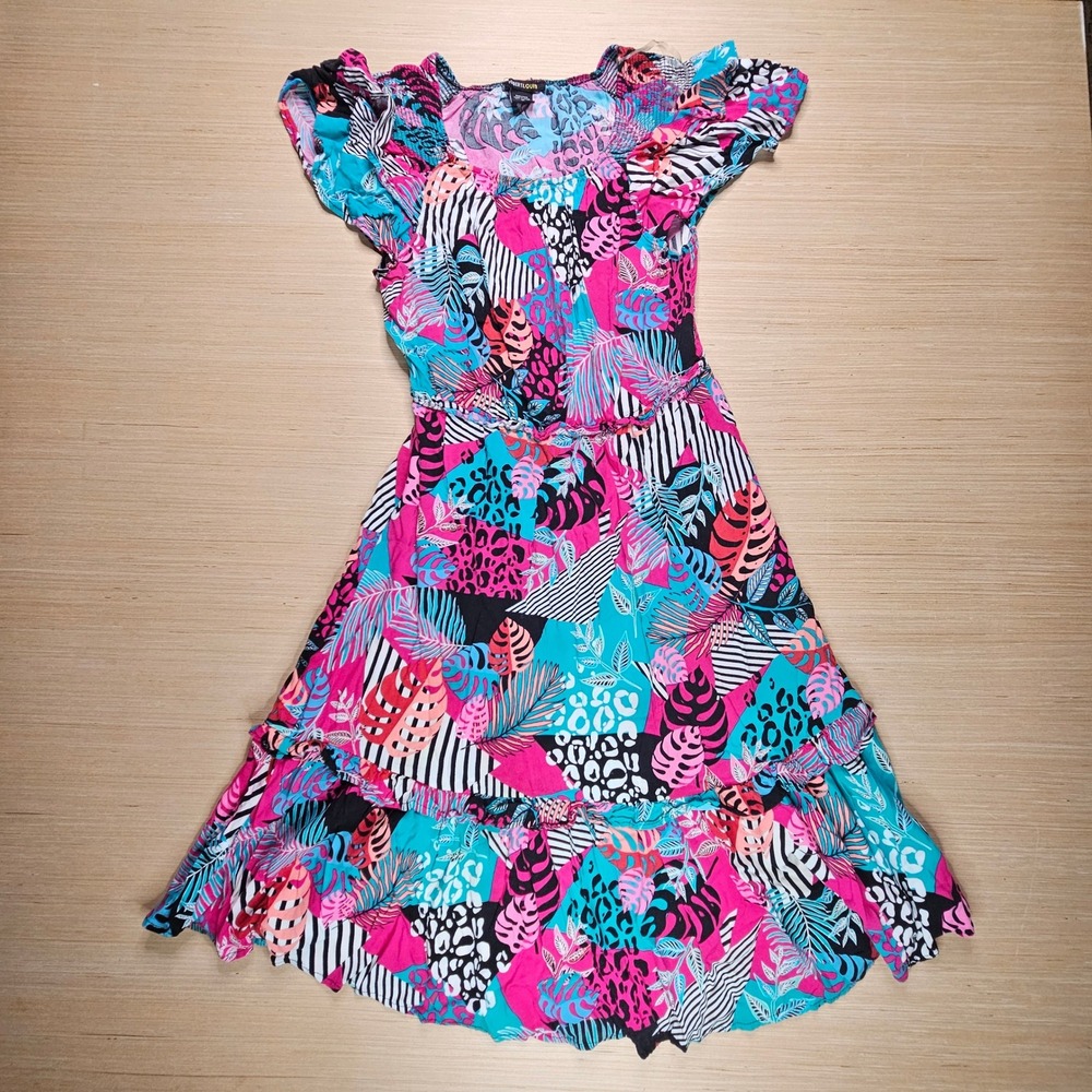 Robert Louis Tropical Leaf Print Ruffle Floral Hem‎ Dress Size M